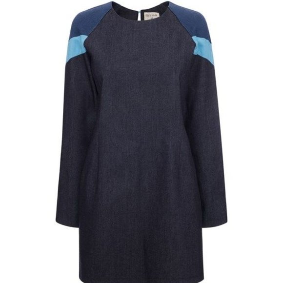 RIYKA Leonie Denim Mini Dress S Geometric Panels Long Sleeve Round Neck Cowgirl - Picture 2 of 7